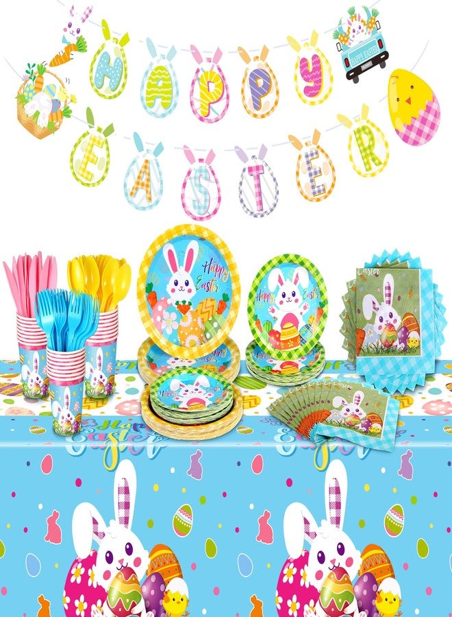 FoldTier 171 Pcs Happy Easter Party Supplies Disposable Easter Tableware Set with Bunny Colorful Eggs Plates Napkins Cups Banner Plastic Tablecloths for Easter Spring Holiday Party Decoration Serve 24 - Image 1